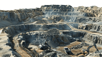 a large open pit mine with excavators and trucks, white background, top view, high resolution photography, insanely detailed, fine details, isolated on white clean background, stock photo quality, super realistic, hyper realism, 3d render