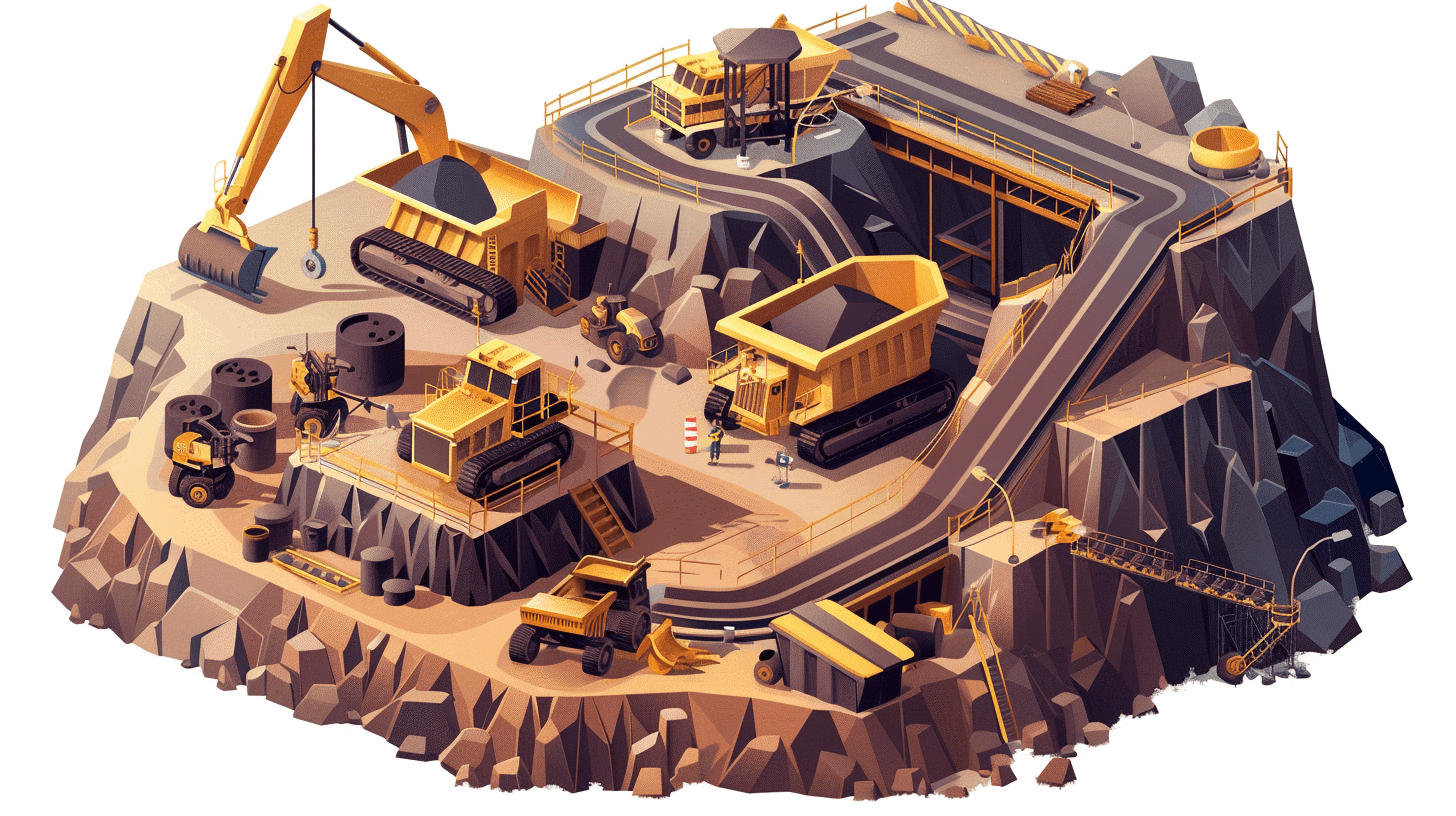 A lowpoly illustration of an open pit mine with trucks and excavators, set against a white background. The scene includes equipment like rock drillers and dump trucks. Radiation from the mining process is depicted as heat haze around the machinery. A road leading to the site comes into view, with no text or characters present. In the style of game art, with a flat design, high resolution, isolated on a white background and with highly detailed equipment.