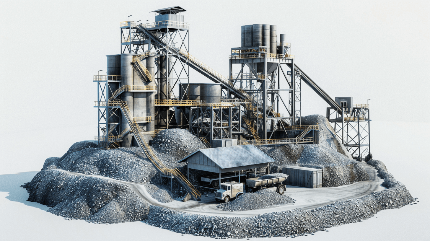 A photorealistic image of an industrial mining plant with machinery, structures made from steel and concrete, surrounded by piles of coal or other vegetation, set against a white background. The scene is captured in high resolution, showcasing the scale and complexity of its construction, with attention to detail on textures like metal surfaces and rough ground.