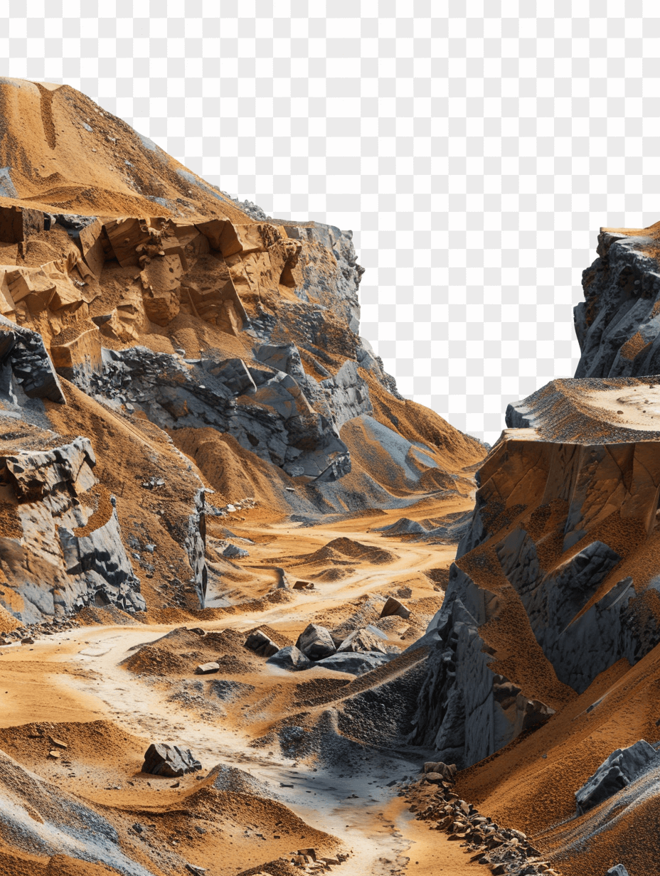 Hills of sand and rocks in a desert environment on a transparent background PNG, with ultra realistic photography in the style of nature.