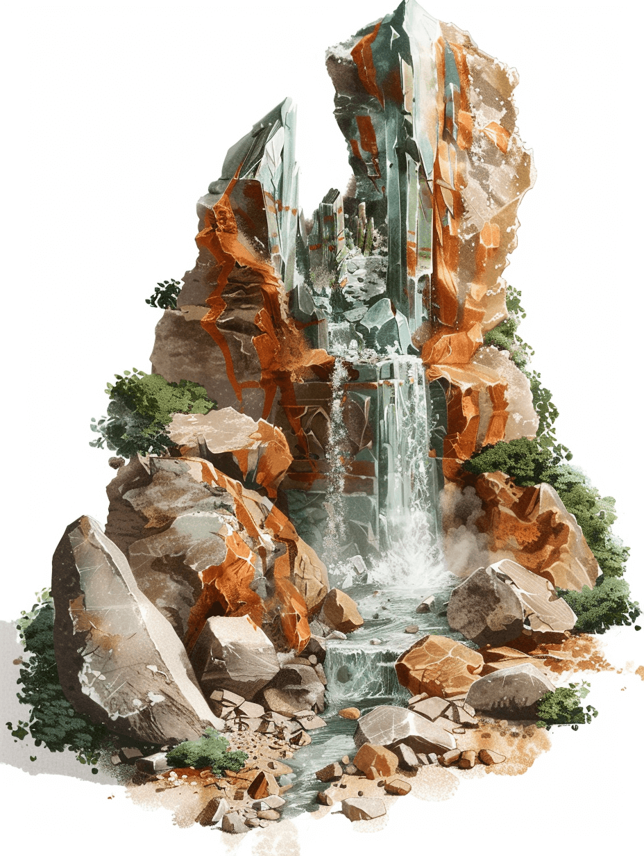 A highly detailed watercolor illustration of an ancient magical waterfall made out of crystal on top of rocks, use the colors orange teal and brown , whimsical background, isolated on white background, clipart no shadow front view