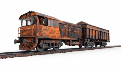 Photorealistic side view of a rusted orange and brown train engine with an open coal car on the track, white background, 3D rendering, high resolution photography, insanely detailed, stock photo, professional color grading, isolated on a solid white background.