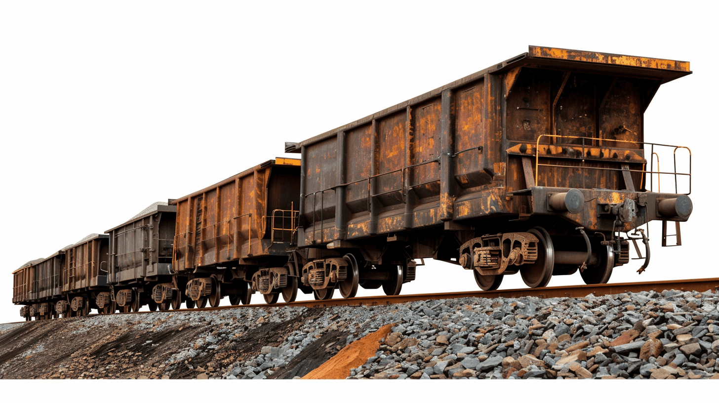 An old, rusty cargo train car on the railway track in an isolated white background in the style of a photo realistic image.