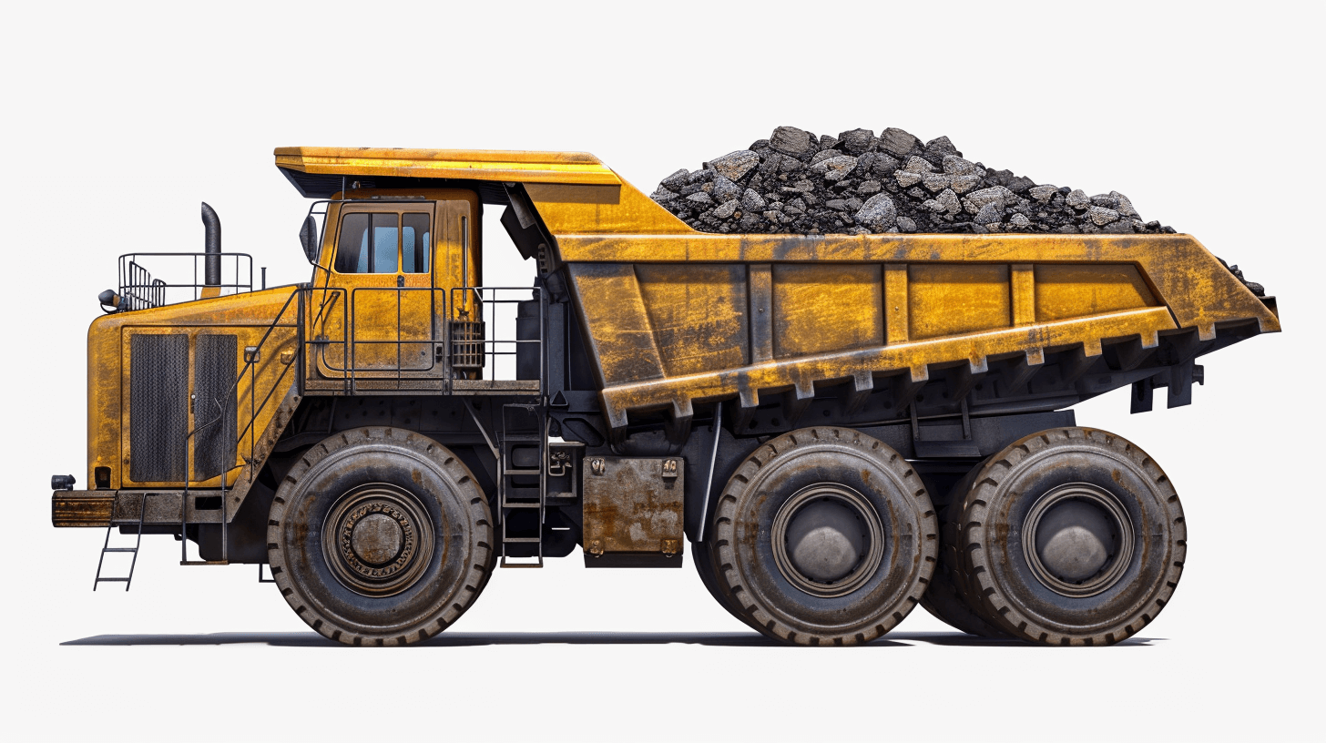 A large yellow dump truck carrying coal on its back, shown in a side view against a white background in a style of high resolution photography, with insanely detailed fine details, isolated on a single solid white empty color background, stock photo of high quality.