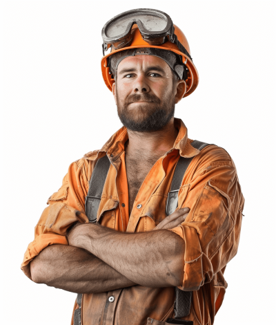 male miner, wearing an orange shirt and hard hat with goggles on top of his head, arms crossed over chest, white background, photorealistic