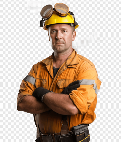 mining worker, looking at camera with arms crossed and serious expression isolated on transparent background png file white solid color background no shadows