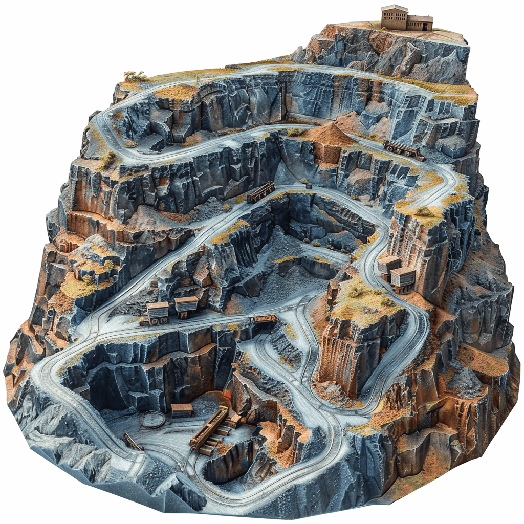 A large open mountain with many roads and cliffs, featuring road construction scenes in the middle of it. The entire scene is made up entirely of gray rocks. There’s an abandoned mine at one end. A blue bus runs along these tracks, surrounded by rocky terrain. It has high-definition details, a white background, is in the style of a 3D model, from a top-down view, and resembles high-resolution photography. It features 20 megapixels, complex textures, and a deep depth of field. The artwork is ultrarealistic and detailed.