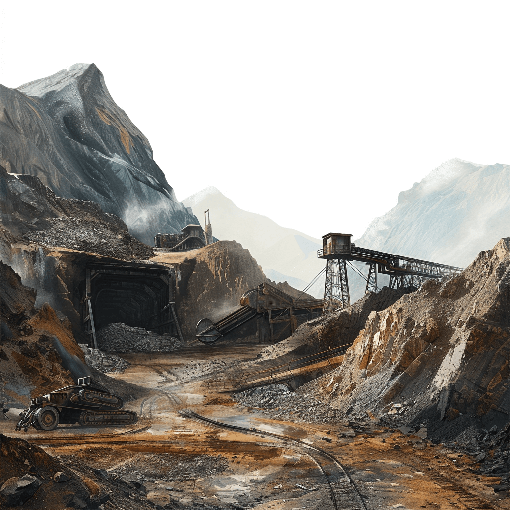 A realistic illustration of an open pit mine in the mountains, white background, highly detailed, digital painting, natural lighting, artstation style