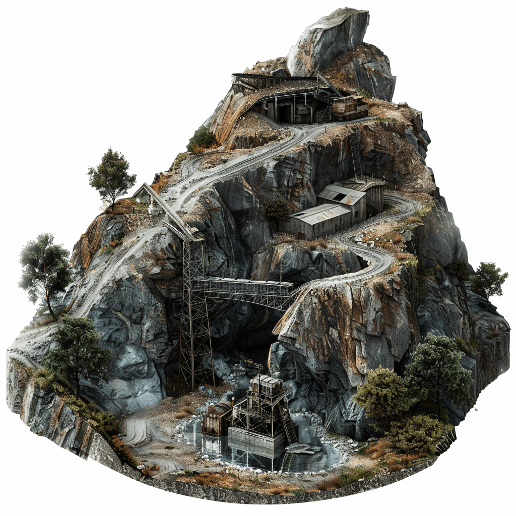 isometric view of an old abandoned mountain cave mine with open face, a railway and mining equipment on the side of it, cut in rock, white background, photo realistic, high resolution photography, no people