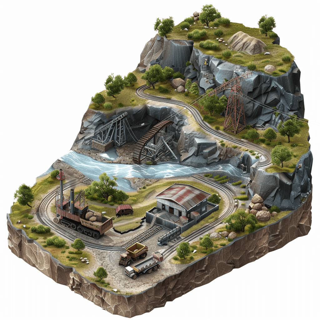 3d isometric view of an old abandoned mine with a river running through it, on top there’s some rock and grassy hills. There’s also train tracks going around the side of cliff face. The scene includes one small building and machinery from mining equipment. Isolated white background.