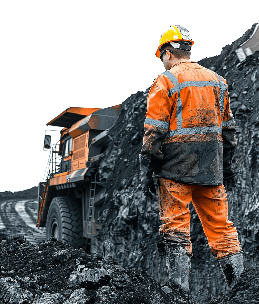 A worker in an orange uniform stands on the edge of an open coal mine and watches over working machinery, against a white background, with a large truck working near him, in the style of high resolution photography, with insanely detailed imagery, on an isolated plain, with professional color grading, like a real photo.