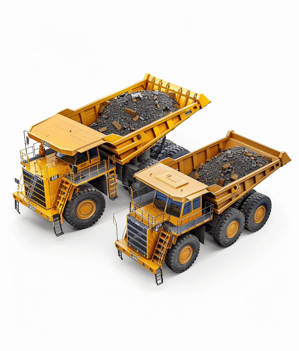 two realistic yellow open trucks full of coal, white background, 3D render, studio light, in the style of studio.