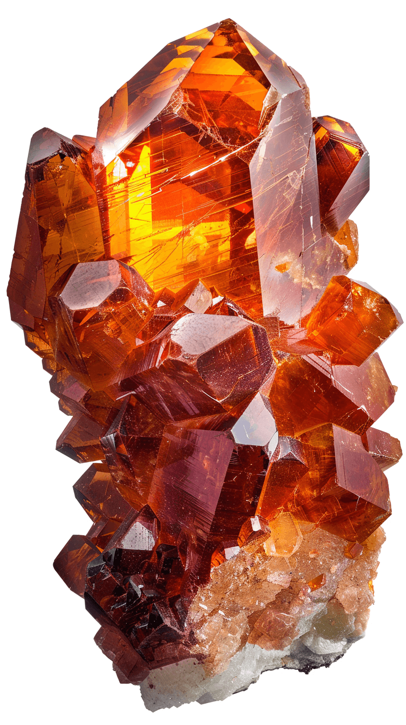 A photorealistic image of an orange crystal with brownish tones, showcasing its intricate structure and vibrant colors on white background. The crystals appear to be highly detailed, reflecting light in various shades from deep reds to oranges. They have sharp edges that give them depth and dimension against the stark white backdrop. There is no text or other elements present, allowing focus on capturing the beauty and complexity of these natural gemstones.