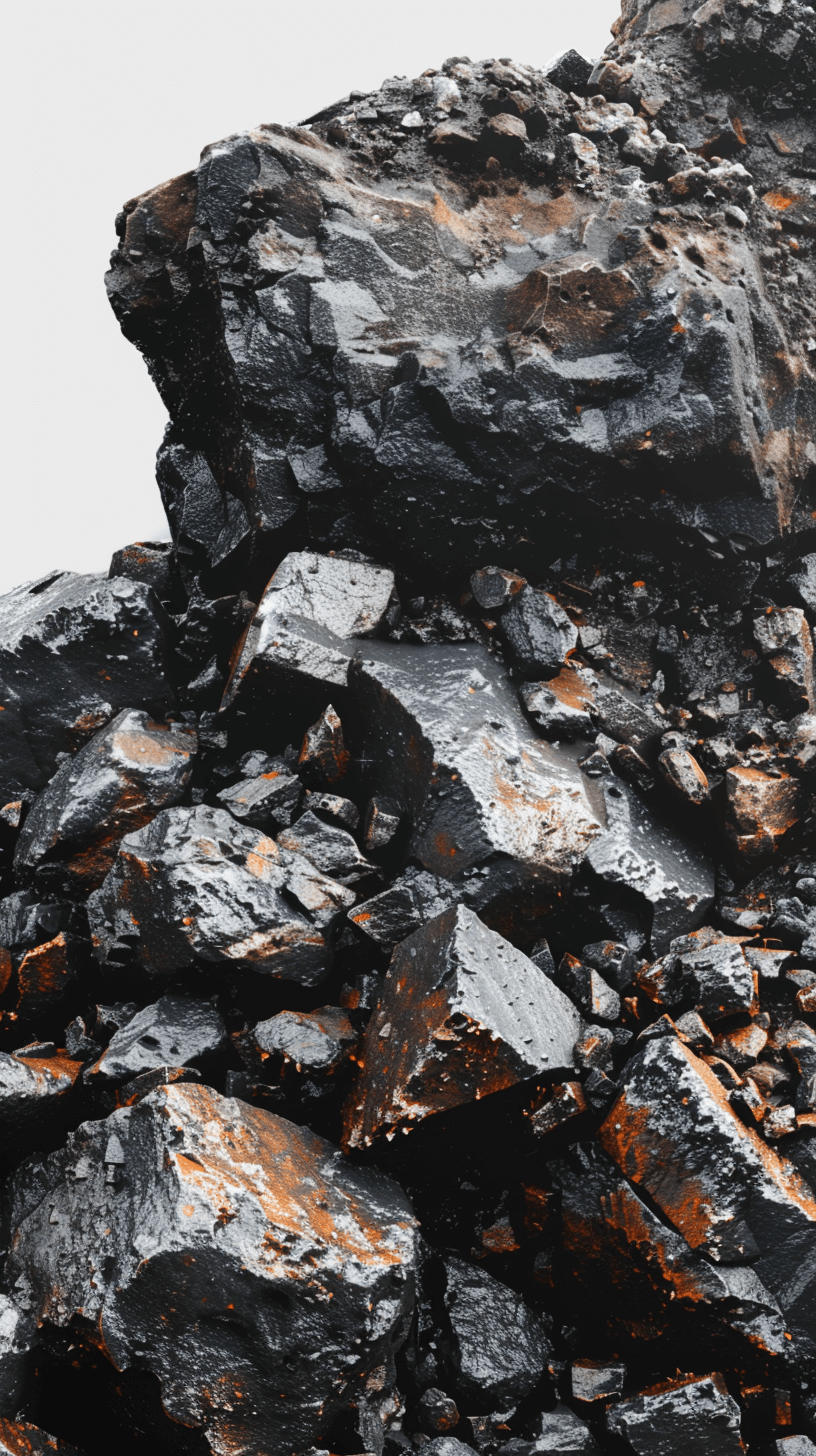 Black rocks, stacked high on the mountain, white background, orange and black color scheme, closeup shots of large black stones, bright colors, macro photography style, high resolution, super clear details, natural lighting, strong contrast between light and dark, stone texture. High definition images, highquality images, highdefinition images, highresolution images.