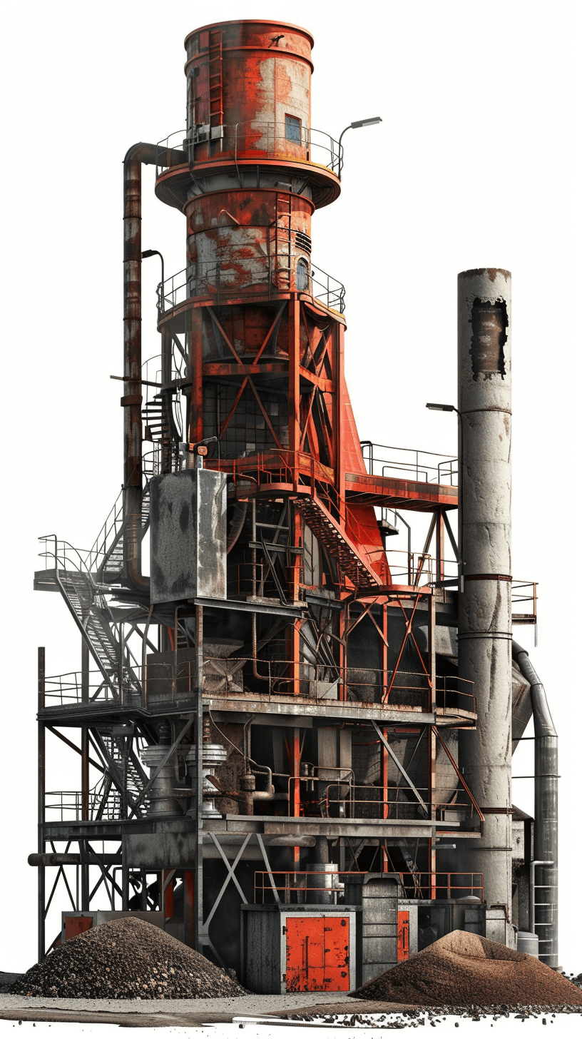 highly detailed, photo realistic illustration of an industrial cement factory with many structures and machinery, white background, bright colors in the style of bright colors.