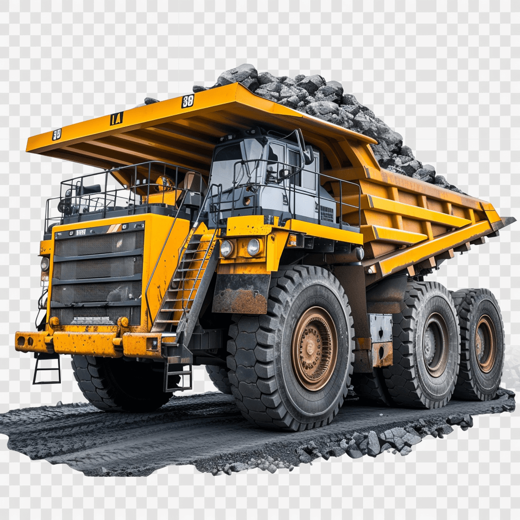 Big yellow mining truck full of coal, transparent background PNG ultra realistic photo.