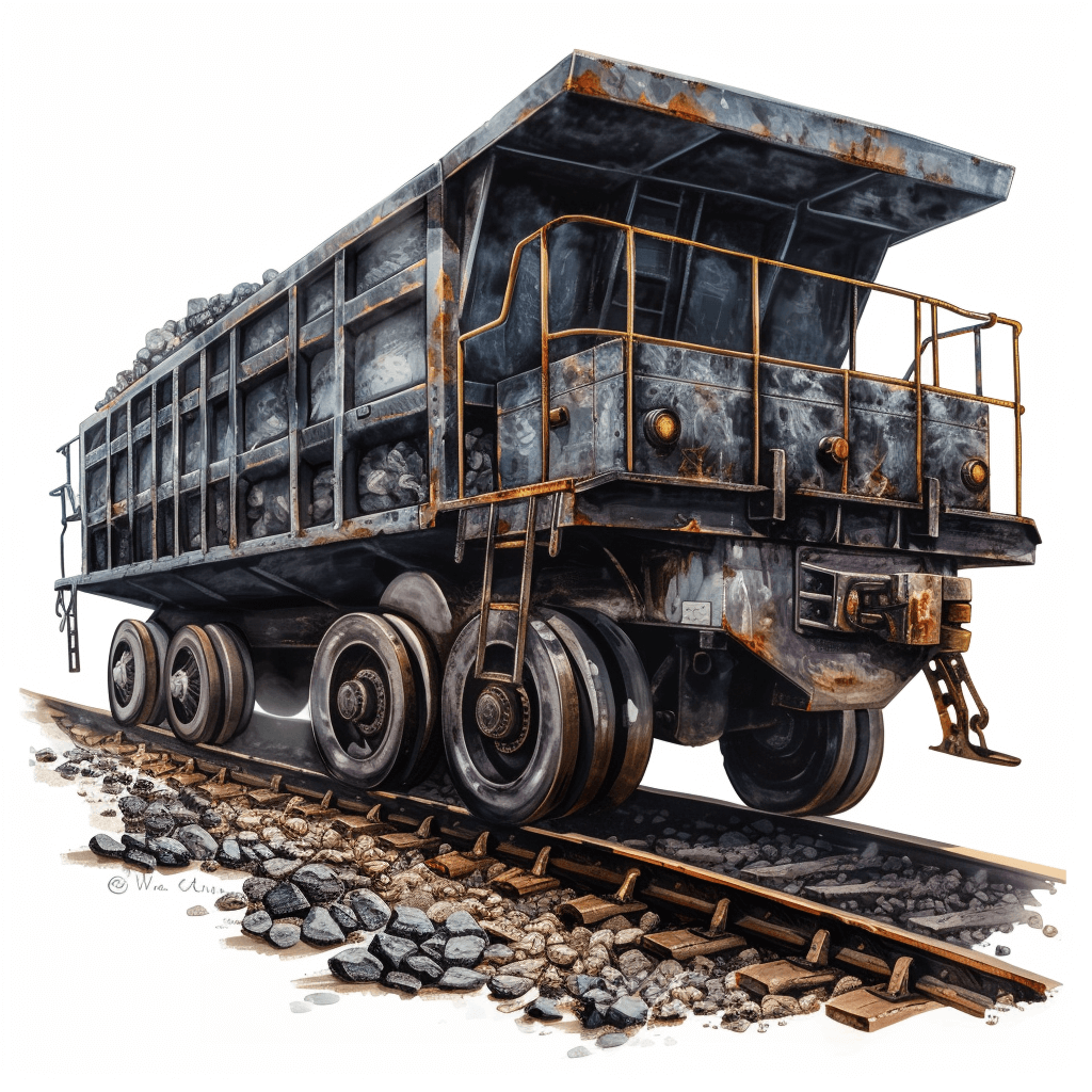 detailed illustration of an old coal dump car on the tracks, white background, high resolution, hyper realistic, soft colors, watercolor clipart isolated from background