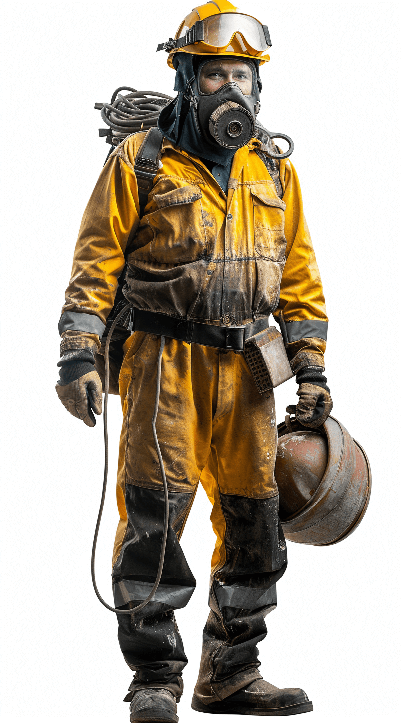 full body photo of a dirty overalls worker with a yellow and black uniform, gas mask on head, holding an air tank, full length pose, white background, isolated in the style of photorealistic portrait photography, high resolution