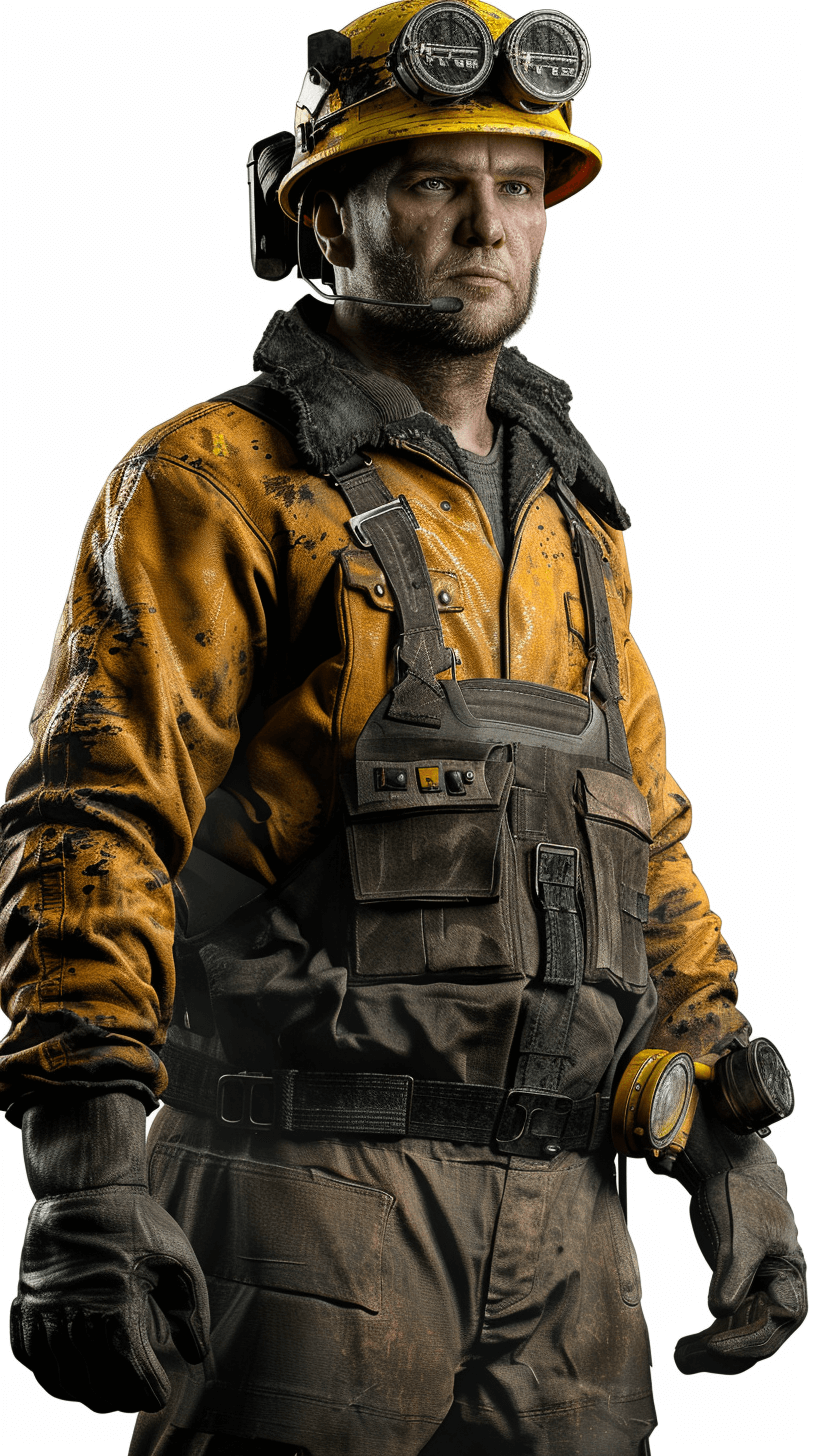 Photorealistic picture of an American miner in the style of Unreal Engine, white background, full body shot, portrait. He is wearing his helmet and has one hand on it while holding some mining equipment. Yellow jacket with black workwear overalls, hands covered in oil, full body shot against a white background, isolated.