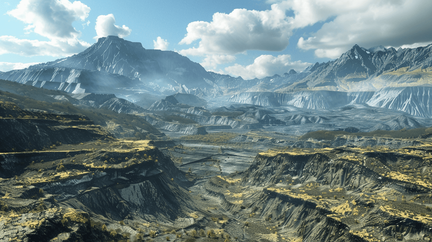 A wide shot of the large and imposing St expansive mountain range with vast canyons, with visible surface galLineNumbering in a post-apocalyptic world, cinematic photography in a hyper realistic, beautifully lit style.