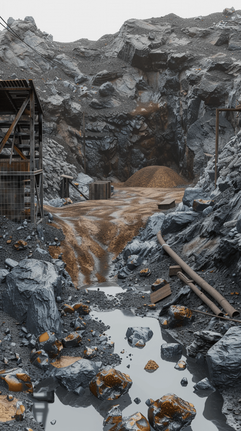 Realistic photography of a dirty and broken mine with rocks, sandstone walls, water in the ground, iron pipes on one side of an entrance to the mine, a large pile of gold next to it, grey sky, cinematic lighting, high contrast, hyper realistic