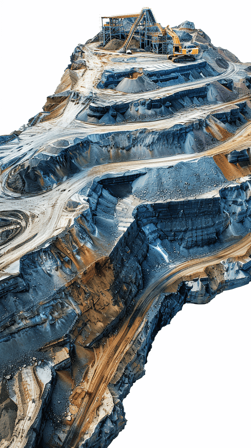 Aerial view of open pit mining site, blue rock with white background, photorealistic, hyperrealism, octane render, 3D model, highly detailed, high resolution,