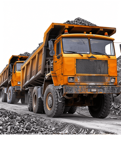 A photo of large orange trucks full of coal against a white background, in an ultra realistic photographic style.