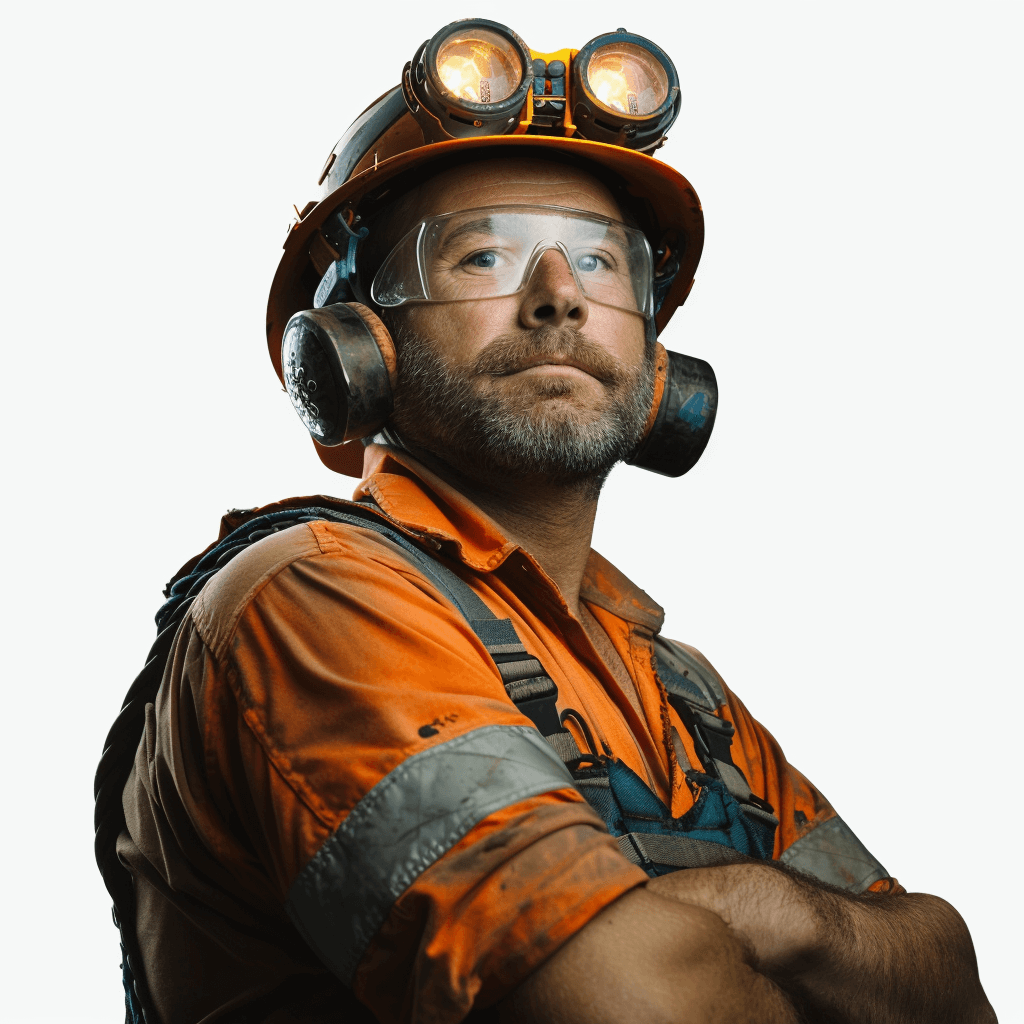 A portrait of an oil and gas worker wearing safety glasses, a helmet with lights on his head, an orange shirt with grey shoulder pads, his hands crossed over his chest looking up at the camera, against a white background, photorealistic, in the style of studio photography, shot from above, isolated on a white background, photographed in the style of a Sony A7s iii 35mm f/2 ASPH lens.