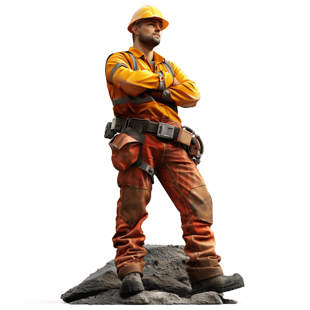 A full-body shot of an ultra-realistic construction worker wearing orange and yellow . He is standing on top of rocks with his arms crossed in front of him against a white background. The high resolution photo shows the worker isolated on the edges and isolated from other elements in the style of hyperrealistic image.