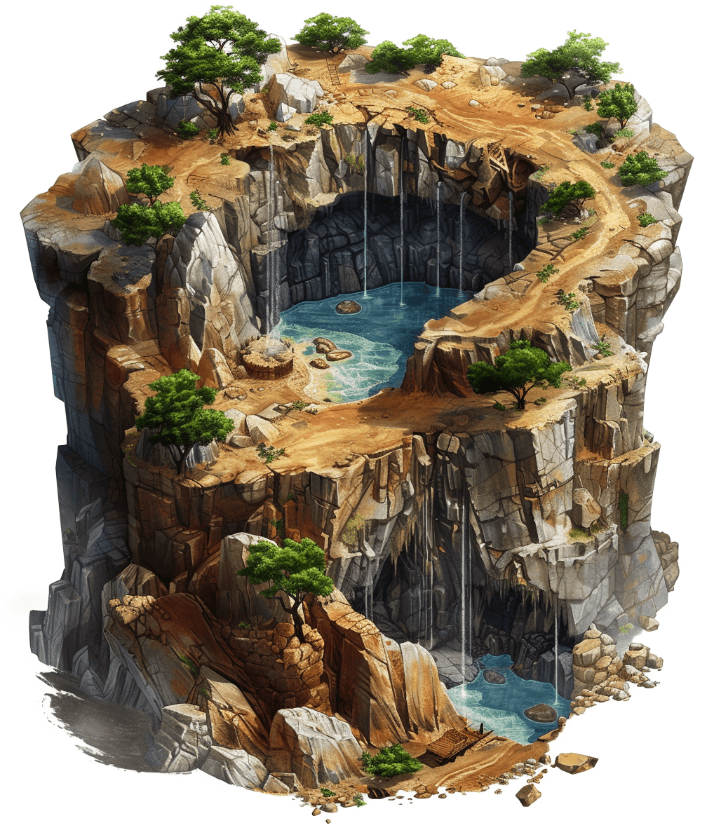 A fantasy isometric cliffside pit with water at the bottom, fantasy art style, white background, high resolution, high detail, high quality, high definition, high contrast, high dynamic range, high octane render, hyperrealistic, hyper detailed, hyper realistic, hyper detailed, hyper detailed, hyper colored