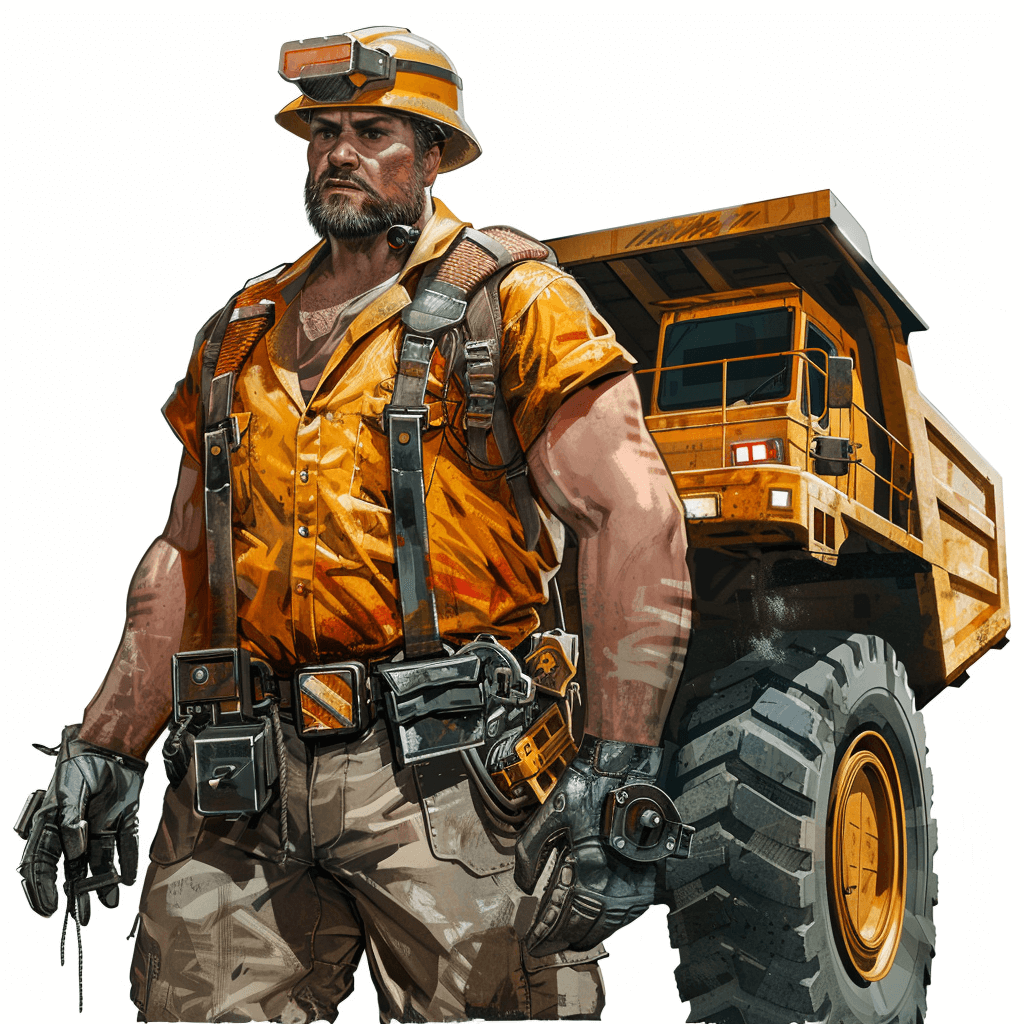 male miner in yellow shirt and helmet stands next to large truck, concept art by [Greg Rutkowski](https://goo.gl/search?artist%20Greg%20Rutkowski), digital painting, white background, full body portrait, high resolution, hyper realistic