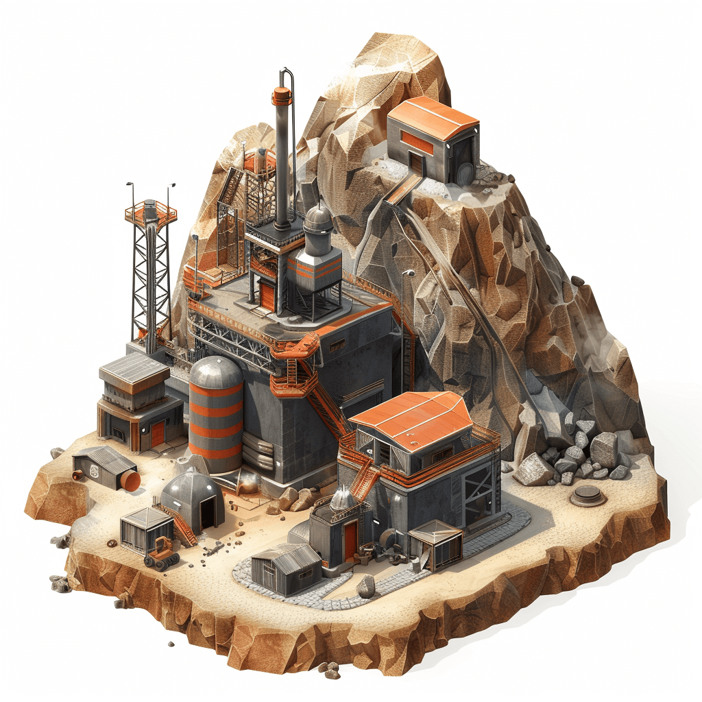 A highly detailed isometric game asset of an industrial mining facility on top of a mountain, with rocky terrain and orange buildings. The design should have clean lines and be in the style of high-contrast digital art. White background.