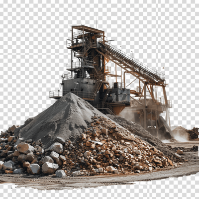 a pile of rocks and sand next to an industrial machine, transparent background, png format, high resolution