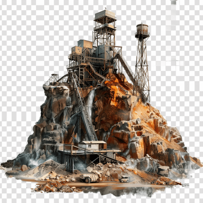 An abandoned mining site with machinery and rocks, transparent background PNG file