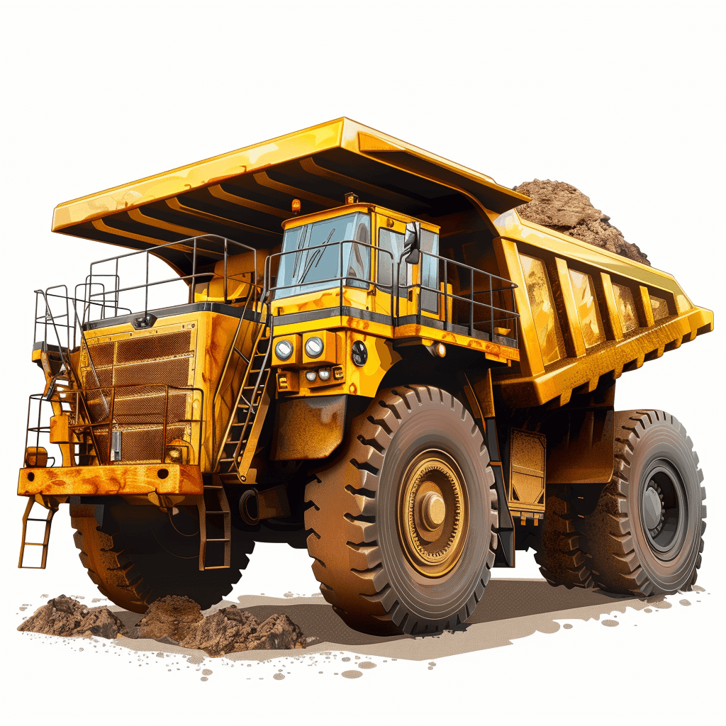 Big yellow mining truck with dirt on white background, vector illustration for web design, Vector Illustration, high resolution, professional photography, ultra sharp focus, stock photo