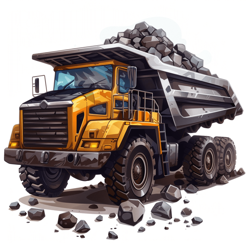 A large yellow and black dump truck is filled with rocks, in the style of cartoon, simple design, on a white background, in the game art illustration style, 2D vector graphics, a digital painting, high resolution, no shadows on the ground, shown from the front view, with very detailed work, in a hyperrealistic style, with super sharp detail, of best quality.