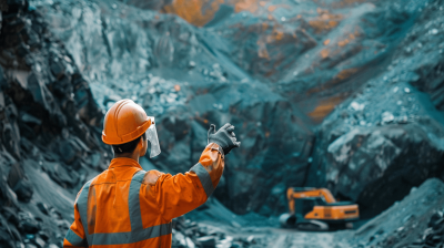 A professional photo of an open pit mine with blue rock and excavators facing the camera. One worker wearing orange safety gear holding up his hand to stop something in front of him, he has on headphones. Shot from behind showing a back view, in the style of unsplash photography.