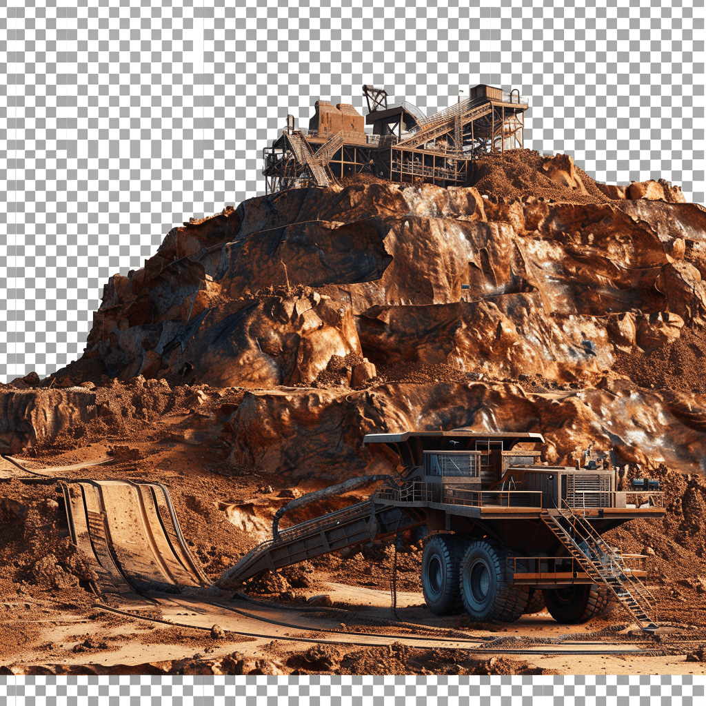 Generate an ultrarealistic photo of the mining site with huge trucks, large machinery and rocks, with a transparent background PNG cutout. High detail, hyper realistic, cinematic in the style of photography.