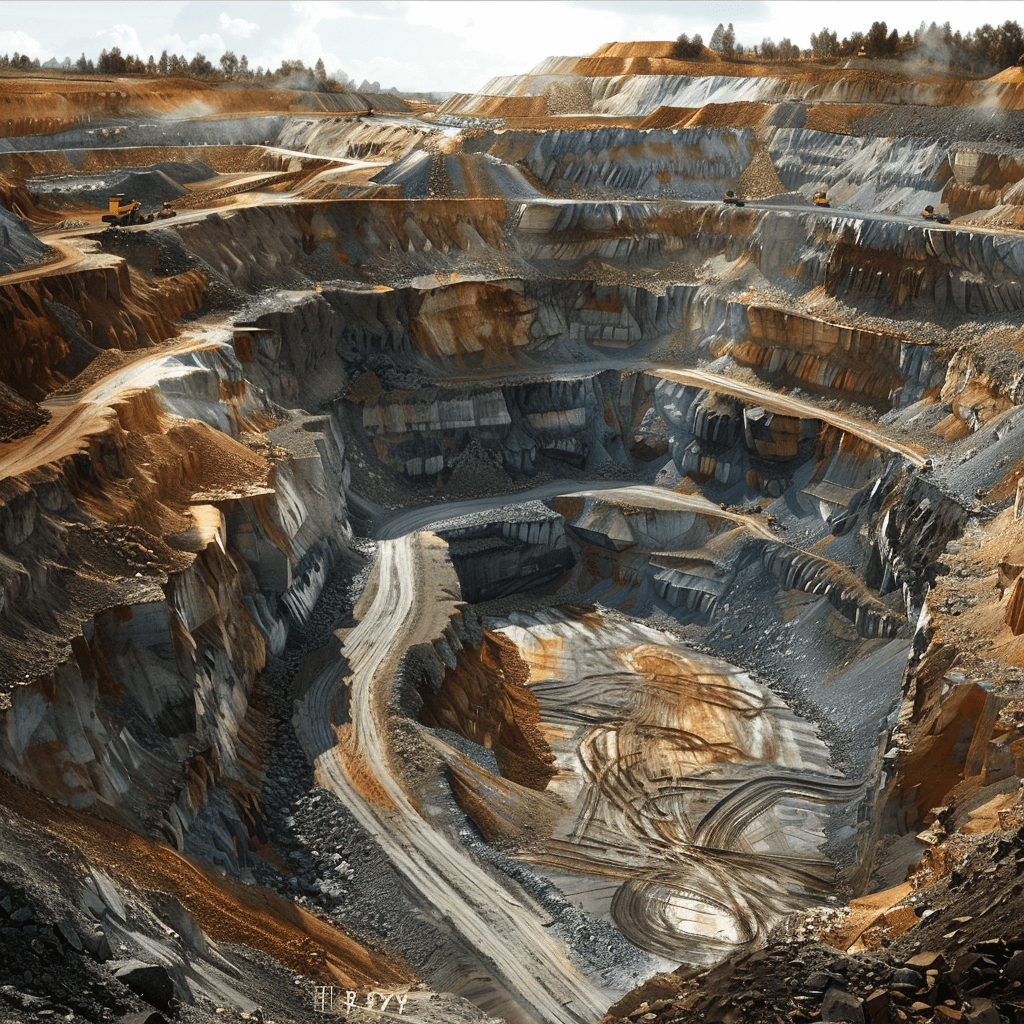 A large open pit mine with many rows of veins, filled with yellowish brown rock and gold rock in the style of photorealistic landscapes and realistic photography. An aerial view with intricate details and natural lighting in an open landscape panoramic angle in the style of Daniel Kordan.