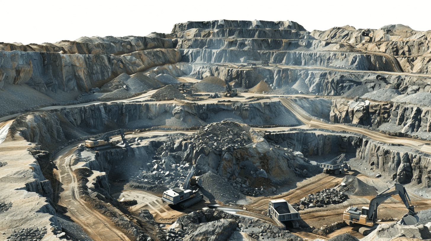 image of open pit mining, white background, hyper realistic photography