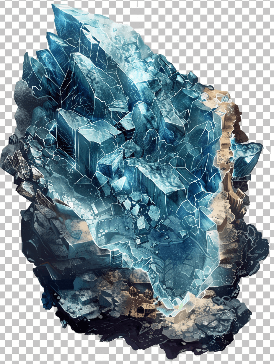 A dark fantasy video game art style small, cyan blue crystal cluster with sharp edges and visible veins of white mineral running through it, on a transparent background, in PNG format, painted in the style of [John Singer Sargent](https://goo.gl/search?artist%20John%20Singer%20Sargent) and [Greg Rutkowski](https://goo.gl/search?artist%20Greg%20Rutkowski).