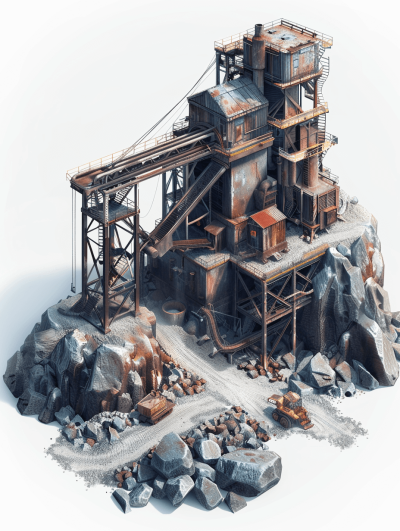 isometric view of an old abandoned mining facility on top of rocks, rusted metal structures with large industrial machinery and cranes, concept art for game design, white background, digital painting, high resolution. Rusted metal structures and large industrial machinery are depicted in the style of cranes in an isometric view of an old abandoned mining facility situated on top of rocks. This serves as concept art for game design, with a white background and presented as a high resolution digital painting.