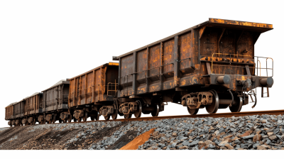 An old, rusty cargo train car on the tracks against an isolated white background in a photo realistic high resolution style.