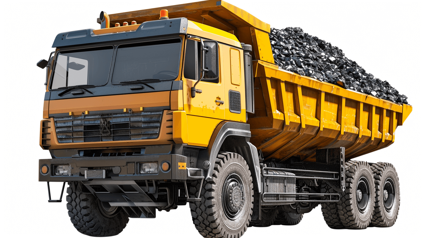 big yellow dump truck with stones on the white background, detailed illustration, high resolution photography, stock photo, professional color grading, HDR, sharp details, no black border