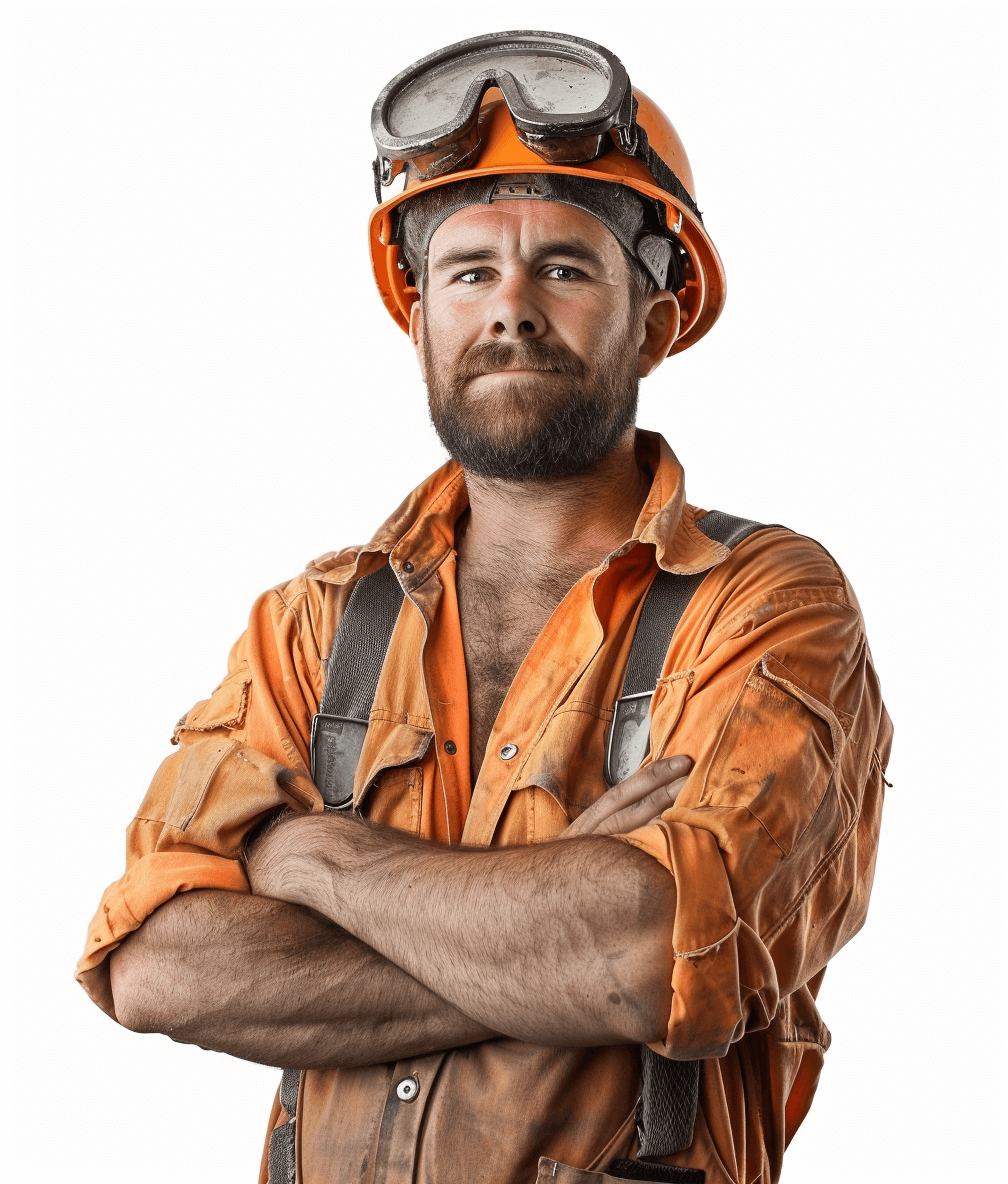 A realistic photo of an unshaven, dirty and strong miner with an orange shirt, hard hat and goggles is standing facing the front, arms crossed on his chest looking straight into the camera against a white background. The picture has to look like it was taken in the style of a professional photographer with soft studio lighting. Use warm colors.