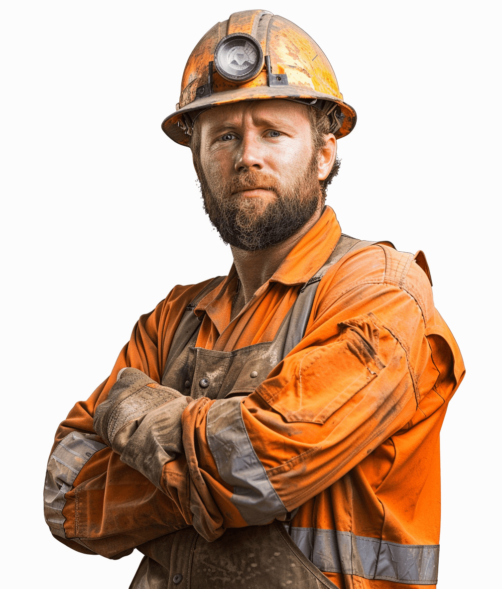 A realistic photo of an American miner, standing with his arms crossed and looking at the camera against a white background. The worker is wearing overalls in an orange color and has his hair combed back with a hard hat that has a light on it. He also wears work gloves and eye protection glasses. His face shows determination as he looks directly into the lens. This pose suggests strength or importance while emphasizing facial expressions that convey focus toward the viewer.