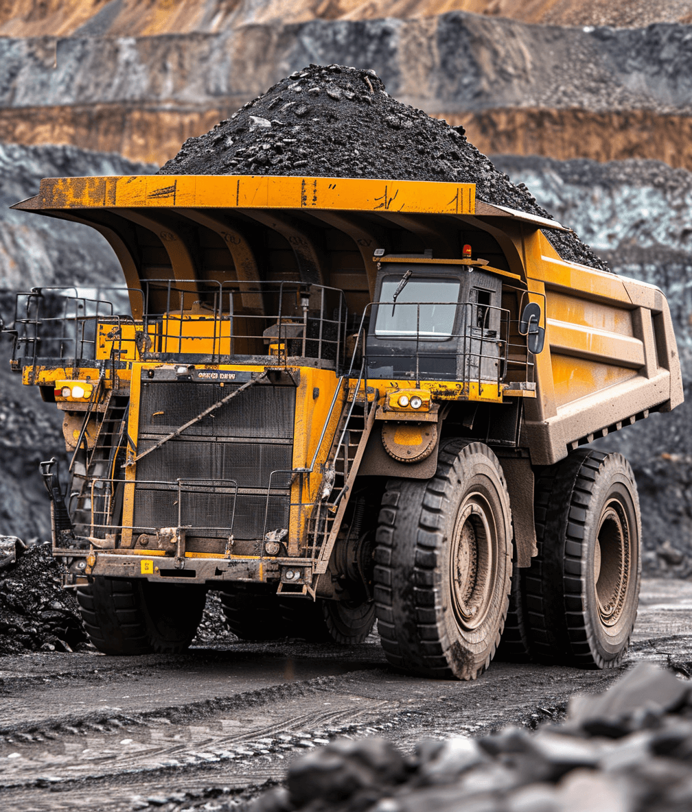 A photo of an open pit mine with yellow and black trucks. A full body shot of a truck that has coal loaded onto it, taken with a high resolution Canon EOS camera. The photo is in the style of no particular artist.