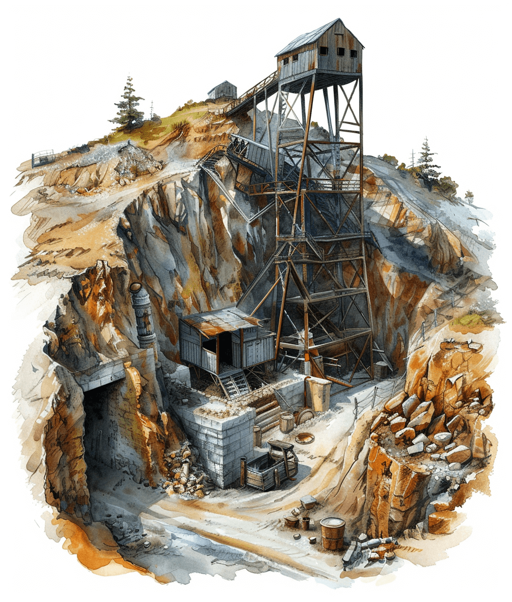 a detailed watercolor painting of an old gold mine on white background, natural muted colors, no shadows