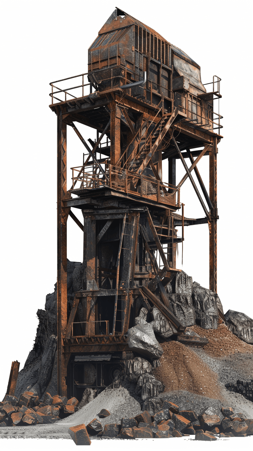 A highly detailed, realistic cutaway of an old abandoned mining building with rocks and debris around it on a white background, rendered in a hyperrealistic style.