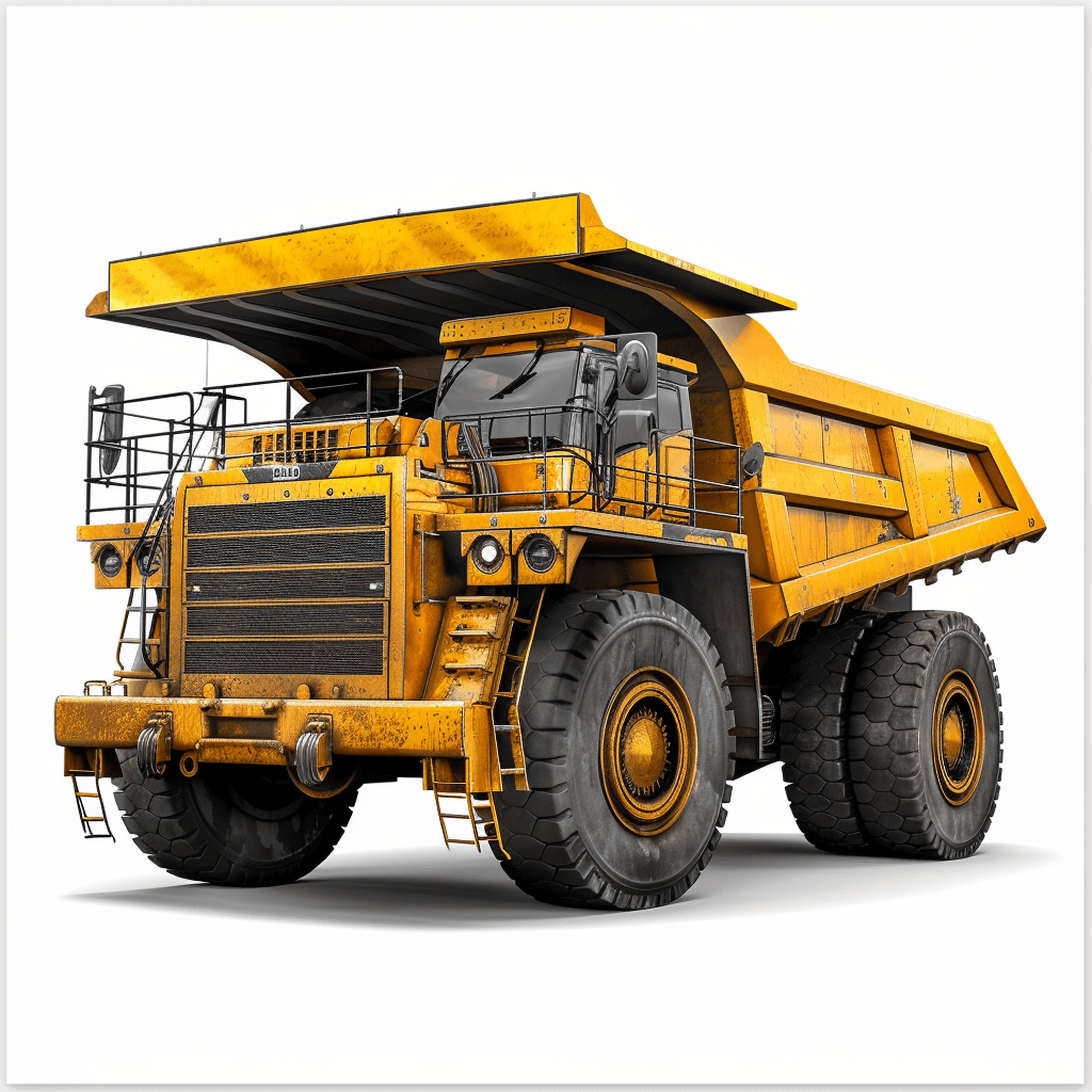 A large yellow mining truck in the style of high definition photography against a white background in the hyperrealistic rendering style with super details in a high resolution with no shadows shown from the front view, side view and rear view as a 3D model.